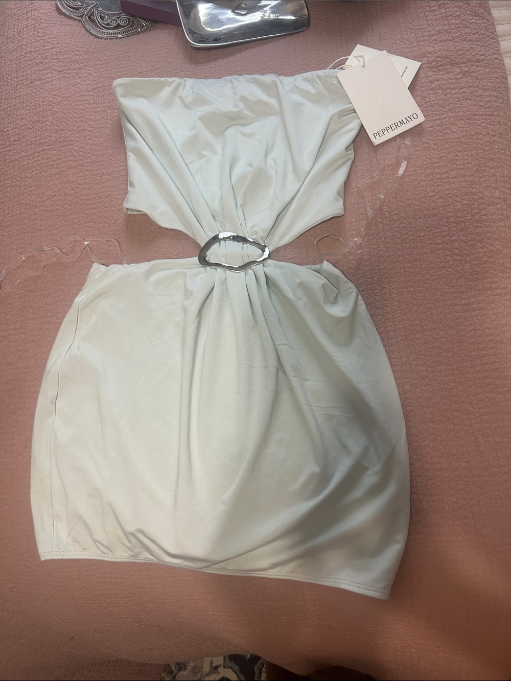Peppermayo Sage Cutout Mini Dress with Silver Ring